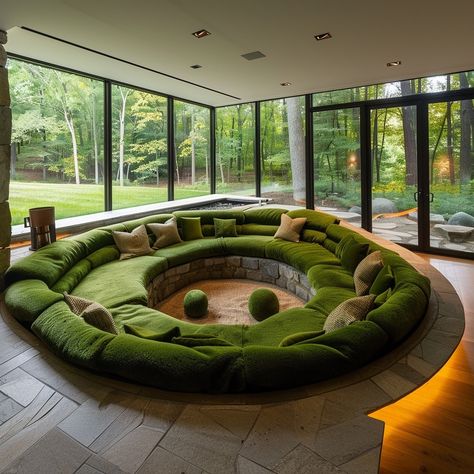 The Moss Meadow Conversation Pit is a serene, cozy space inspired by the tranquility of a lush meadow. Featuring moss-green upholstery, natural wood accents, and earthy tones, it offers a comfortable and immersive retreat for intimate conversations and relaxation. Conceptual AI Art Follow @ecosapiens for more! Sesh Room, Pit Couch, Solarium Room, Natural Wood Accents, Conversation Pit, Green Upholstery, Hippie Homes, House In Nature, Garage Conversion