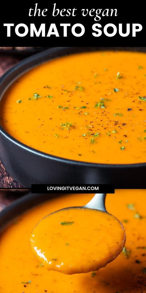 This vegan tomato soup is rich, creamy and the best tomato soup you’ve ever tasted. It’s also hearty and satisfying and so easy to make. Vegetarian Tomato Soup, The Best Tomato Soup, Veggie Soup Recipes, Best Tomato Soup, Vegan Potato Soup, Vegan Pumpkin Soup, Vegan Tomato Soup, Vegan Appetizers Recipes, Plant Based Diet Meal Plan