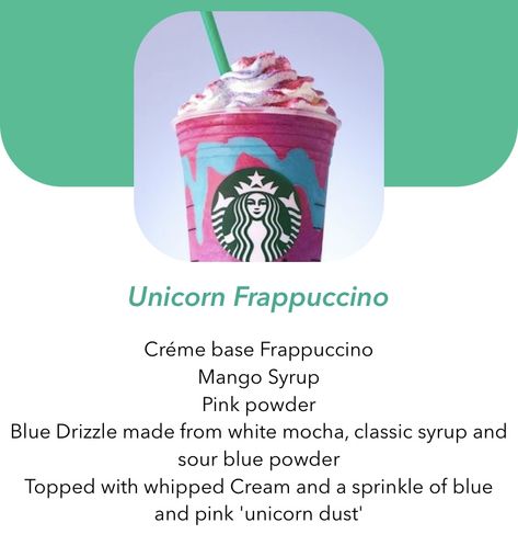 How To Order The Unicorn Frappe, Starbucks Drinks Unicorn Frap, Unicorn Starbucks Drink Recipe, Unicorn Starbucks Drink How To Order, Unicorn Frappe Recipe, Unicorn Frappuccino Starbucks Recipe, Starbucks Drinks Unicorn, Secret Starbucks Recipes Frappuccino, Unicorn Starbucks Drink