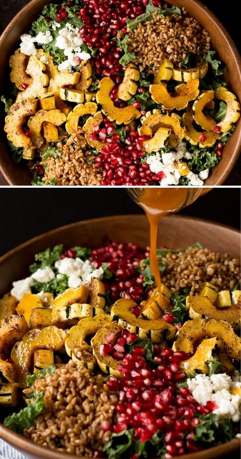 Kale Delicata Squash Salad, Winter Farro Salad, Winter Produce Recipes, Fall Salad With Apples, Apple Harvest Salad, Warm Salads Winter, Fall Grain Bowl, Farmers Market Meals, Fall Salads For A Crowd