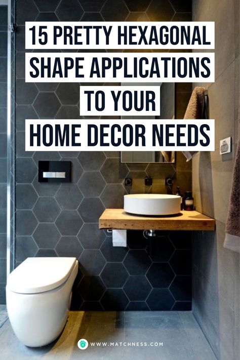 You can bring a modern look by applying hexagon accents to your home decor. Apply black hexagon tiles on your bathroom wall so that it will present a simple and elegant look. Adding recessed lighting that highlights a portion of the hexagon wall will make your decor look perfect. #hexagonalinterior #homedecoration Hexagon Tiles Bathroom Wall, Bathroom Hexagon Tile Wall, Hexagon Tile Bathroom Wall, Black Hexagon Backsplash, Hexagon Tiles Bathroom, Honeycomb Tiles Bathroom, Hexagonal Tiles Bathroom, Hexagon Shower Tile, Bathroom Hexagon Tile