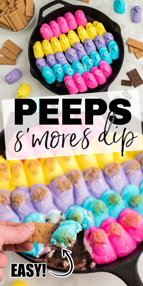 Easter Peeps Smores Dip, Chocolate Dipped Peeps, Peep Dip Recipe, Peeps Treats Ideas, Peeps Smores Easter, Peeps Recipes Desserts, Peep Dessert Ideas, Peep Smores Dip, Peeps Smores Dip