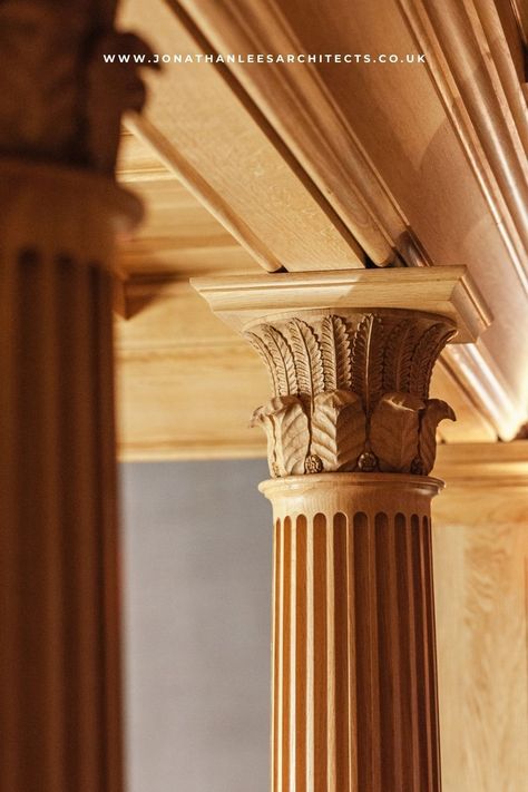 Classical Oak carved columns inspired by the ancient column order at the Temple of the Tower of the Winds and designed to reflect the flora and foliage found in a British beech woodland. These columns form the supports for an open gallery in the main hall of a private house. . #craftsmanship #bespokeoak #bespokejoinery #oakjoinery #woodcarving #floralcarving #woodcarvedflower #interiorarchitecture #artsandcrafts #artsandcraftsdesign #classicalarchitect #neoclassical #neoclassicalarchitect Wood Column Design, Wood Pillars, Wood Column, Column Capital, Wooden Columns, Open Gallery, Column Design, Country Houses, Private House