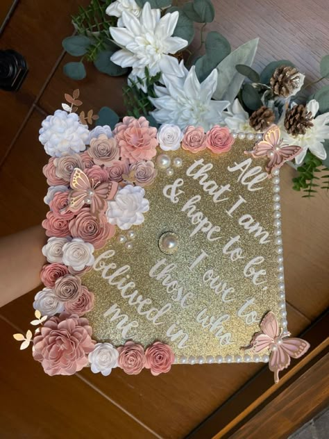 College Graduation Cap Designs Simple, First Gen College Grad Cap, Diy Grad Cap Decoration, Cap And Grown Decorations, Grad Cap Dedicated To Mom, Pink Cap For Graduation, Grad Cap Topper Ideas, Graduation Cap Designs With Butterflies, Its Been A Long Time Coming Grad Cap