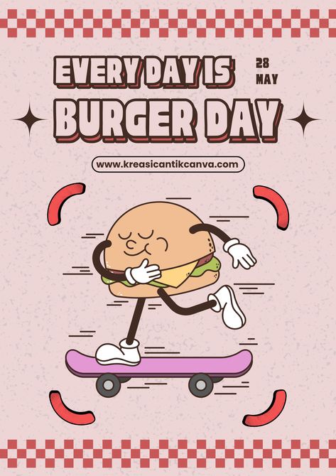 👉CLICK THE LINK TO EDIT!💻✨   Celebrate National Burger Day with our eye-catching Poster Design Template! Perfect for restaurants, cafes, and burger lovers, this template features vibrant colors and fun graphics. Easily customize with your own text and images using Canva's intuitive editing tools. Spread the joy of delicious burgers and attract customers with this stunning poster! #NationalBurgerDay #CanvaDesign #BurgerLovers #PosterTemplate  👣 Follow us too! 🌟 @kreasicantikcanva Burger Illustration Graphics, Burger Graphic Design, Burger Poster Design, Burger Poster, Colorful Cafe, National Burger Day, Cafe Posters, Fun Graphics, Attract Customers