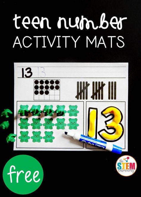 Free teen number activity mats! Fun, hands-on preschool or kindergarten math center. Kinder Math Centers, Preschool Valentine, Number Activity, Math Centers Kindergarten, Teen Numbers, Prek Math, Kindergarten Fun, Kindergarten Math Activities, Numbers Preschool