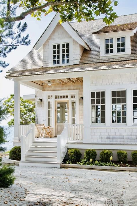 Beach Porches Coastal Cottage, Small Beach Home Exterior, Coastal Cottage Plans, Lowcountry Cottage, Coastal Cottage Exterior, Cedar Cottage, Beach Cottage Ideas, Pantry Door Ideas, Cozy Beach House