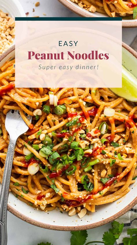 20-Minute Peanut Noodles - Fit Foodie Finds Peanut Noodles Recipe, Thai Peanut Noodles, Spicy Peanut Noodles, Super Easy Dinner, Asian Noodle Recipes, Peanut Noodles, Spicy Peanuts, Quick Easy Dinner, Vegetarian Dinners