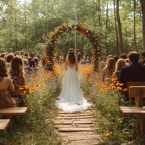 A Complete Summer Wedding Ideas Guide Backyard Wedding Arbor, Wedding Marketing Ideas, Flower Garden Wedding Ceremony, Unique Wedding Arbor, Wildflower Field Wedding, July Wedding Ideas, Fun Wedding Ideas Unique, Whimsical Wildflower Wedding, Summer Solstice Wedding