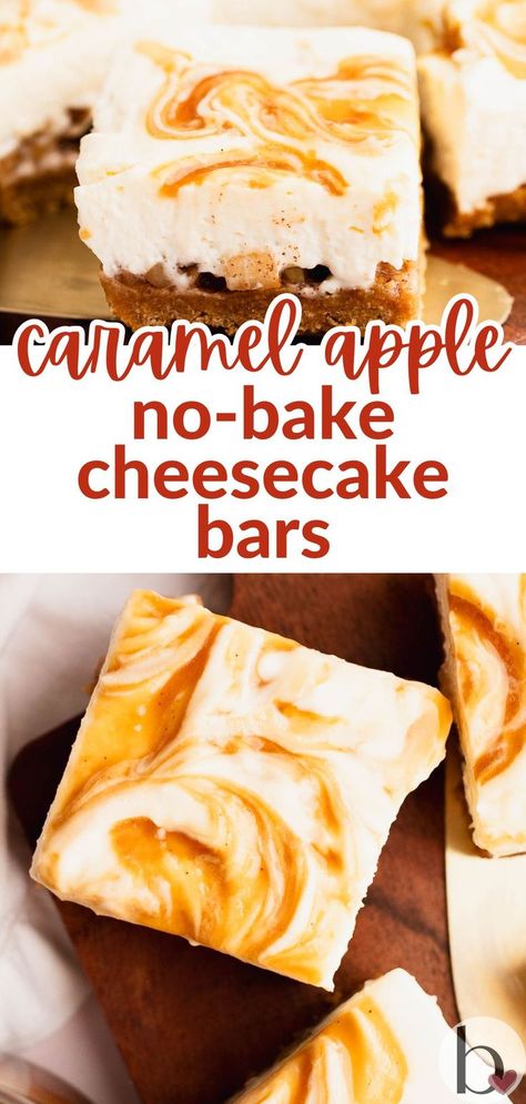 Super creamy no-bake caramel apple cheesecake bars for two! A gluten-free graham cracker crust is layered with spiced apples and a velvety no-bake cheesecake. Perfect for fall! Small Batch Caramel, Gluten Free Graham Cracker Crust, Gluten Free Caramel Apples, Graham Dessert, Baked Caramel Apples, Graham Cracker Crust Recipe, Apple Cheesecake Bars, Caramel Apple Cheesecake Bars, Gluten Free Graham Crackers