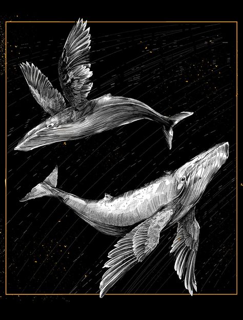 Sky Whale Tattoo, Fantasy Whale Art, Flying Whale Tattoo, Sky Back Tattoo, Whale Surrealism, Flying Whale Art, Fish Surrealism, Bird Flying Drawing, Fish With Wings