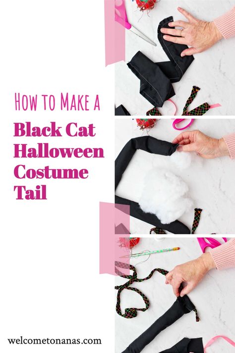 Need an easy Halloween costume idea for kids or adults? Make your own DIY Black Cat Costume Tail with this quick tutorial! Follow step-by-step instructions to also make a cat mask, collar, and cat ears! Cat Tail Costume Diy, Black Cat Tail Costume, Diy Cat Tail Easy, Diy Cat Halloween Costumes For Kids, How To Make A Cat Tail For A Costume, Diy Cat Ears And Tail, Black Cat Diy Costume, How To Make A Cat Tail, Crochet Cat Tail For Costume