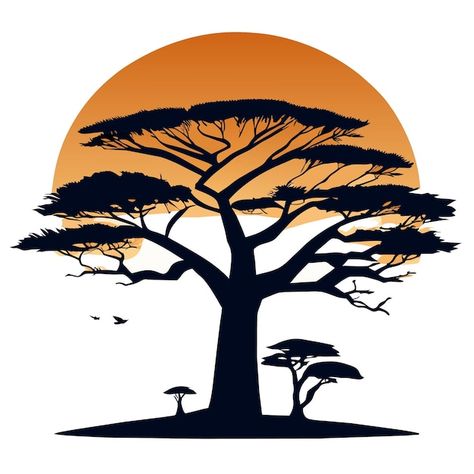 African Savannah Tattoo, African Sun Tattoo, African Tree Tattoo, Africa Trees, Africa Tattoos, African Tree, Sunset Tattoos, Umbrella Tree, Tattoo Outline Drawing