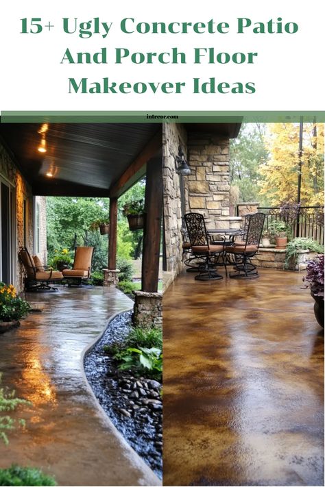 Transform your Ugly Concrete Patio and Porch Floor with a stunning makeover! Say goodbye to drab outdoor spaces and hello to a fresh new look that will elevate your home's curb appeal. Discover creative ideas and easy DIY tips to bring new life to your outdoor areas. Whether you're looking for a modern aesthetic, rustic charm, or vibrant colors, these makeover inspirations will help you revamp your patio and porch floors in no time. Painted Porch Floor Concrete Ideas, Outdoor Floor Painting Ideas Concrete, Cement Pad Ideas Patio, Indoor Outdoor Flooring Ideas, Rectangle Concrete Patio, Beautiful Concrete Floors, Stamped Concrete Indoors, Stained Concrete Patio Ideas, Paint Cement Floor Outdoor