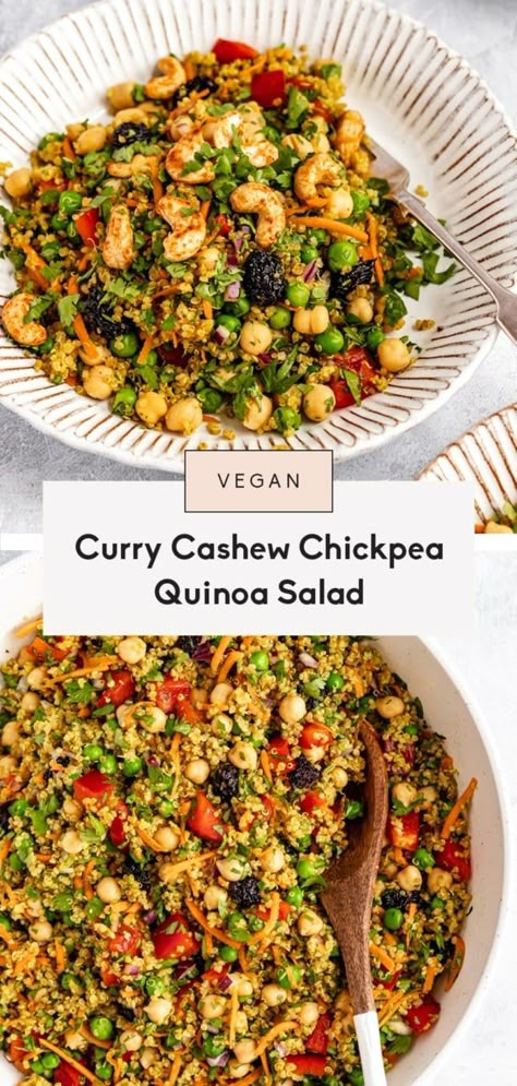 Vibrant curry cashew chickpea quinoa salad packed with veggies and delicious flavor from curry powder, fresh ginger, turmeric and sweet and spicy maple glazed cashews. This wonderful vegan chickpea curry quinoa salad is easy to make for the perfect main meal or healthy side dish! Tumeric Quinoa Recipes, Woe Recipes, Power Salads, Chickpea Quinoa Salad, Curry Quinoa, Ble Recipes, Easy Vegan Curry, Vegan Dressings, Nutritarian Recipes