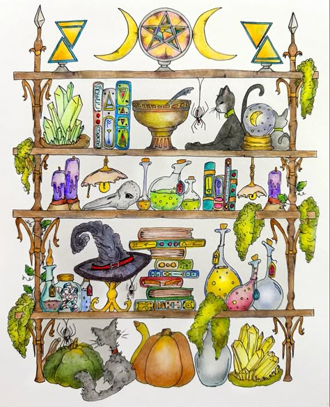 Time to start creeping into Autumn themed pics… A Witchy Shelf 1 a pdf 3 pic series download from SchemebyYou Etsy shop. Used Kalour 520, Holbein pencils, Zig Clean Color pens. Witchy Shelf Drawing, Witch Bookshelf Drawing, Witch Shelf Drawing, Witches Shelf Drawing, Witchy Bookshelf Drawing, Shelf Life Art, Witchy Shelf, Shelf Drawing, Witch Items