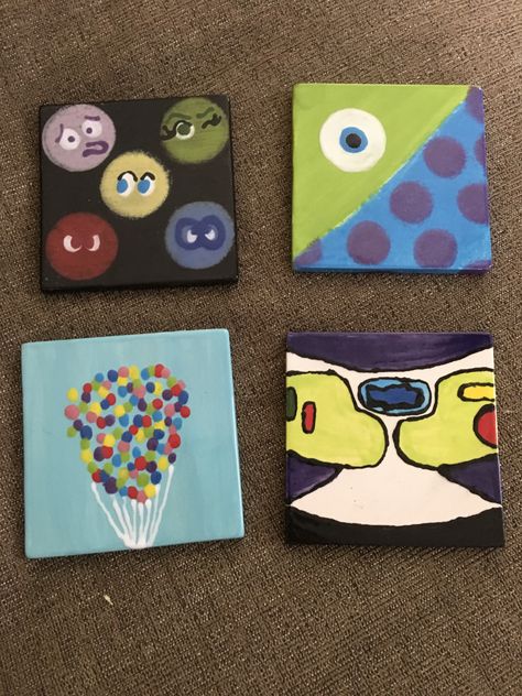 DIY simple Disney Pixar-inspired painted pottery coasters! Pixar Paintings Easy, Simple Disney Paintings, Disney Coasters, Disney Pottery, Pottery Simple, Ceiling Tiles Painted, Ocean Art Projects, Canvas Art Diy, Unique Art Projects