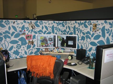 I like the idea of doing the interiors as one consistent wrap or covering. It seems peaceful. Office Cubicle Decorating Ideas, Cubicle Wallpaper, Diy Cubicle, Cubicle Organization, Practical Magic House, Cube Decor, Office Cube, Cubicle Design, Cubicle Wall