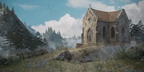 ArtStation - Old church in the mountains Fantasy Church Art, Abandoned Church, Old Church, In The Mountains, The Church, The Mountain, Fantasy Art, Concept Art, Quick Saves