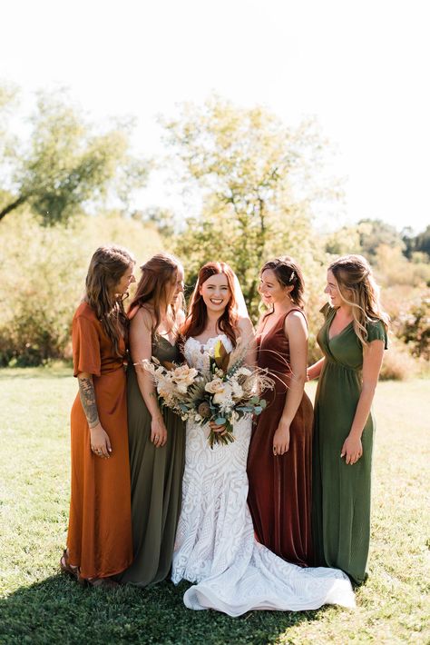 Fall Wedding Color Palette Bridesmaid Dress, Fall Palette Bridesmaid Dresses, Different Color Bridesmaid Dresses Boho, Earth Tone Wedding Bridesmaid, Rust And Olive Bridesmaid Dresses, Green Boho Bridesmaid Dress, Mixed Fall Color Bridesmaid Dresses, Earthy Color Bridesmaid Dresses, Fall Different Color Bridesmaid Dresses