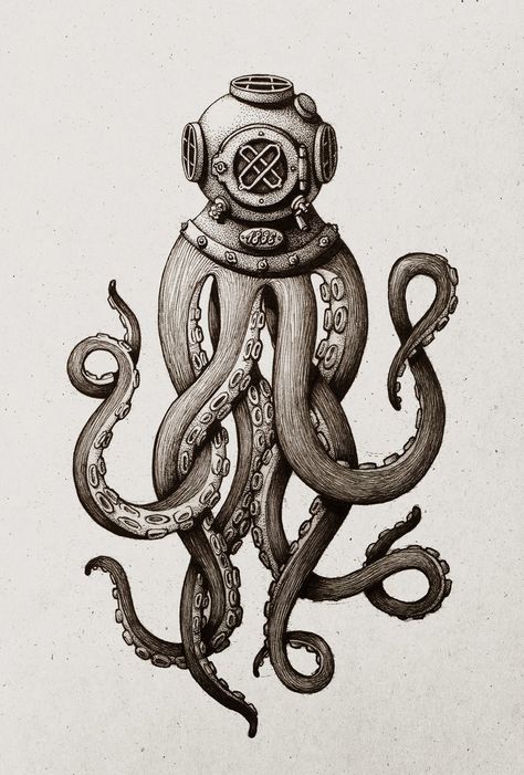 Ink drawing of an octopus an antique diving helmet. Diver Art, Octopus Drawing, Octopus Tattoo Design, Octopus Tattoos, Kunst Tattoos, Diving Helmet, Octopus Tattoo, Desenho Tattoo, Art Et Illustration