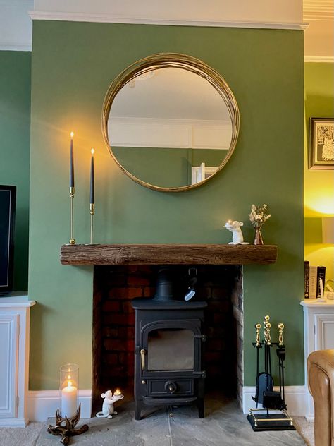 Green calke green f&b’s farrow and ball fireplace log burner Victorian home Green Chimney Breast Wall, Green Chimney Breast, Calke Green Farrow And Ball, Green Chimney, Chimney Breast Ideas, Green Farrow And Ball, Calke Green, Farrow And Ball Living Room, Log Burner Living Room