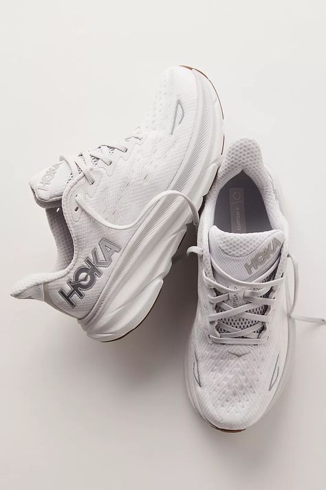 HOKA® Clifton 9 Sneakers | Free People Hoka Nursing Shoes, Hoka Clifton 9 Outfit, Outfits With Hoka Shoes, White Hokas Outfit, Hoka Shoes Woman Outfit, Hokas Outfit, White Hokas, Hoka Outfit, Women’s Shoes