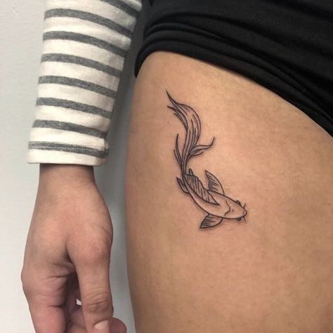 Koi Fish Tattoo On Hip, Koi Fish Line Art Simple, Mother Nature Tattoos Simple, Koi Fish Line Art Tattoo, Coy Fish Tattoo For Women, Koi Fish Rib Tattoo, Koi Fish Tattoo Placement, Fish Hip Tattoo, Koi Fish Hip Tattoo