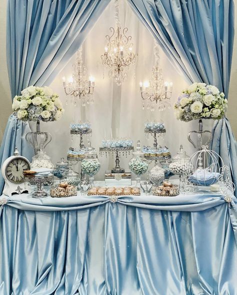 Quinceañeras Table Decorations, Cinderella Quince Chambelanes, Quince Decorations Light Blue And Silver, Cinderella Quince Dessert Table, Light Blue Quinceanera Decorations Ideas, Cinderella Candy Table Ideas, Butterfly Quince Theme Blue, Cinderella Table Decor, Light Blue Sweet 16 Party Ideas