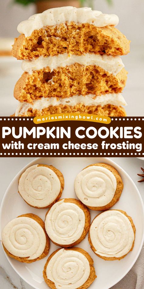 These Pumpkin Cookies With Cream Cheese Frosting are the perfect fall treat! Made with pureed pumpkin and warm spices, these soft and chewy cookies are topped with a rich cream cheese frosting for the ultimate sweet treat. Pumpkin Oatmeal Cookies With Cinnamon Frosting, Pumpkin Cream Cookies, Cream Cheese Frosting For Pumpkin Cookie, Pumpkin Cream Cheese Cookies Easy, Betty Crocker Pumpkin Spice Cookie Mix Recipes, Pumpkin Cookies With Frosting, Betty Crocker Pumpkin Cookies, Soft Pumpkin Cookies With Cream Cheese, Easy Desserts Pumpkin