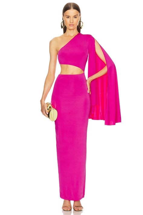 Michael Costello x REVOLVE Aaliyah Gown in Hot Pink | REVOLVE Open Backs, Michael Costello, Drape Sleeves, Long Sleeve Evening Dresses, Hot Pink Dresses, Project Runway, Cardi B, Aaliyah, Lady Gaga