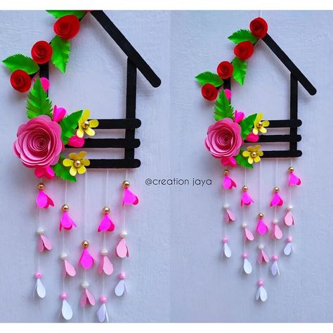 @Creation Jaya. on Instagram: “Cute wall hanging from icecream stick 🤗” How To Make Wall Hangings, Wall Hanging Ideas With Paper, Class Decoration Ideas, Crafts Wall Hangings, Wall Hangings Ideas, Diy Wall Hangings, Stick Crafts For Kids, Flower Wall Decor Diy, Hanging Decorations Diy