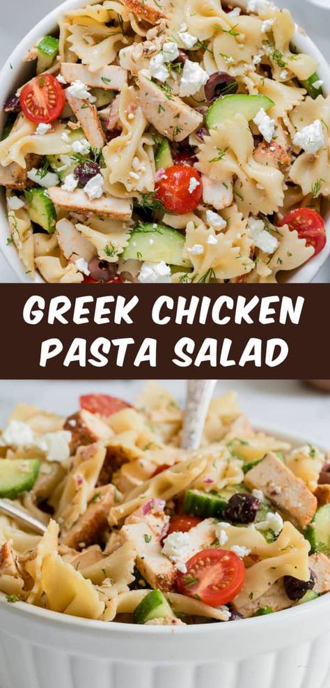 Easy Greek Chicken Pasta Salad Main Dish Pasta Salad Recipes, Mediterranean Recipes Lunch, Meal Prep Pasta Salad, Meal Prep Summer, Italian Chicken Pasta Salad, Pasta Salad Meal Prep, Pasta Meal Prep, Pasta Salad With Chicken, Easy Greek Chicken