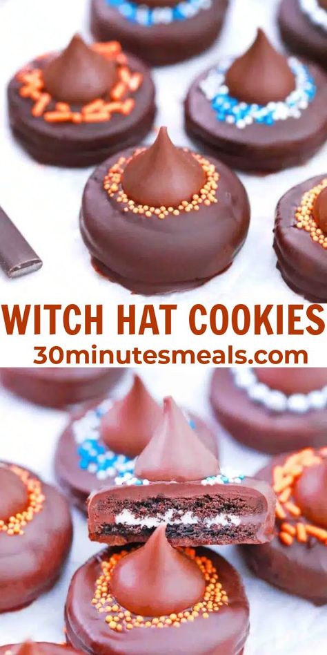 Witch Hat Cookies are perfectly festive for Halloween, only have a few steps to make them, and you only need four ingredients. Witches Hats Cookies, Cookie Witch Hats, Witch Hat Oreos, Witches Hat Cookies, Halloween Witch Hat Cookies, Witch’s Hat Cookies, Witch Hat Cookies, Halloween Eats, Mouthwatering Desserts