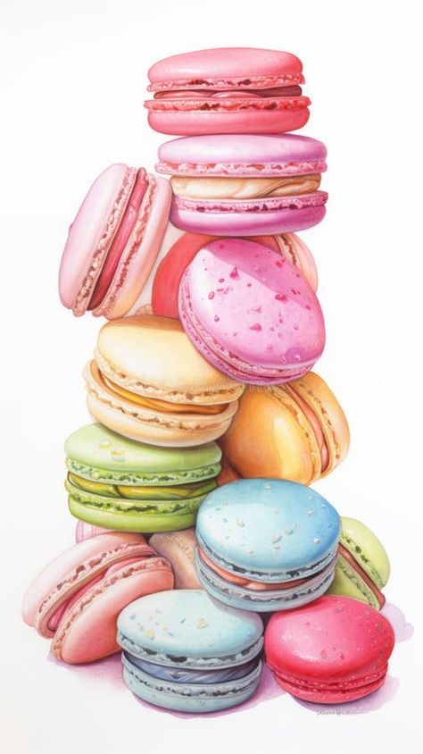 A pile of colorful macarons sitting on top of each other royalty free stock image Macaroons Drawing, Macarons Painting, Macaron Drawing, Food Drawing Illustration, Macarons Drawing, Cookies Illustration, Macaron Art, Dessert Drawing, Flower Border Clipart