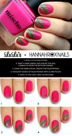 Beauty // Mani Monday: Fuchsia Tropical Nail Tutorial at LuLus.com! Nails Dots, Leaf Nails, Diy Nail Art Tutorial, Tropical Nail Art, Mani Monday, Tropical Nails, Nail Tutorial, Nail Art Tutorials, Diy Nail Designs