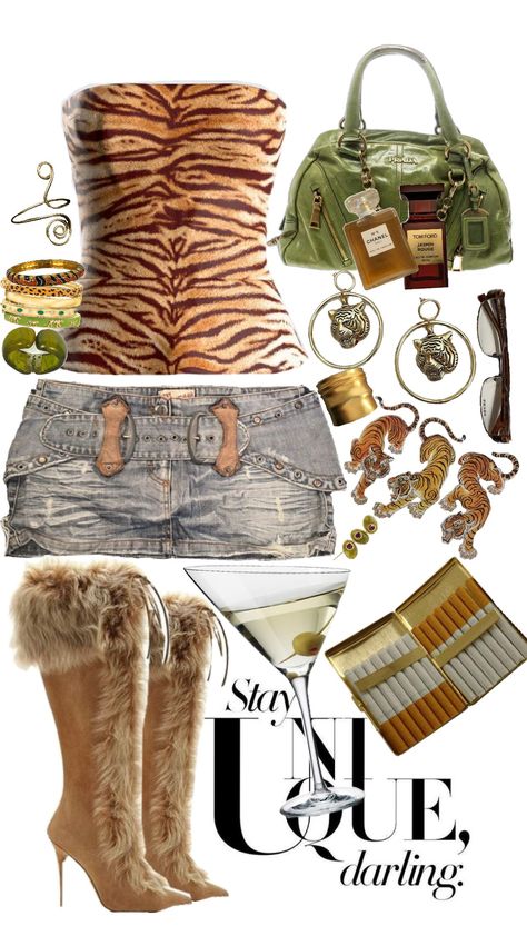 the only c⭐️nt ! #green #jade #jadegreen #tiger #tigerprint #tigerstripes #gold #fur #brown #orange #myswagisunusual #coolgirl #y2k #2000s #downtowngirl #prada #chanel #gucci #ootd #outfit #outfitinspo #fashion #fashioninspo Brown And Gold Outfit Ideas, Celebrities Y2k Fashion, Gold Y2k Aesthetic, Cheetah Inspired Outfit, Green And Cheetah Print Outfit, 2000s Concert Outfit Ideas, Green And Brown Y2k Outfit, Pink And Animal Print Outfit, Aruba Outfits Black Women