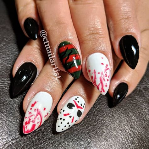 Jason Voorhees Nail Designs, Friday The 13th Nail Designs, Freddy Krueger Nails Halloween, Friday The 13th Nails Acrylic, Friday 13 Nails, Friday 13th Nails, Freddy And Jason Nails, Michael Myers Nail Art, Elm Street Nails