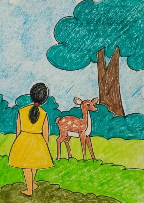 Giraffe Photography, Cartoon Drawing For Kids, Scenery Drawing For Kids, Easy Scenery Drawing, Oil Pastel Drawings Easy, Easy Art For Kids, Oil Pastel Paintings, Beautiful Art Paintings, Easy Drawings For Kids