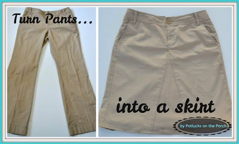 Potlucks on the Porch: Turn Pants into a Skirt Upcycle Pants, Jeans Into Skirt, How To Make A Skirt, Plain Skirt, How To Make Skirt, Skirt Tutorial, Diy Skirt, Diy Sewing Clothes, The Porch