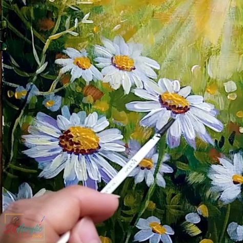 Daisy Flower Painting Make My Day | flower, art of painting, tutorial | Daisy Flower Acrylic Painting Tutorial Step by Step. Hope you will learn and Enjoy. #flowers #acrylicpainting #paintingtutorial | By Zil Acrylic Painting Field Of Daisies Painting, Painted Daisy Flower, How To Paint Daisy Flowers, Flowers To Paint Acrylics, Painting Flowers Tutorial Step By Step, How To Paint Daisies, Daises Painting, Daisy Painting Acrylic Easy, Floral Acrylics