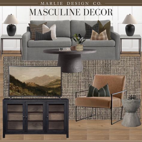 Masculine Living Room Gray Couch, Gray Couch Leather Chair, Masculine Pillows Couch, Masculine Grey Living Room, Living Room With Plaid Rug, Living Room Designs Masculine, Grey Couch Leather Chair, Masculine Living Room Grey Couch, Fireplaces For Small Living Rooms