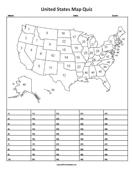 Free Printable United States Map Quiz. Free Printable United States Map Quiz, a great educational activity to help students learn the 50 United States of America. United States Map Quiz includes a blank numbered USA map and 50 blank spaces to write down each corresponding State. Print United States Map Quiz and share with your children or students at the 50 States Activities, United States Map Printable, Us Map Printable, State Capitals Quiz, Learning States, Map Quiz, Wristband Template, Geography Quiz, Us State Map