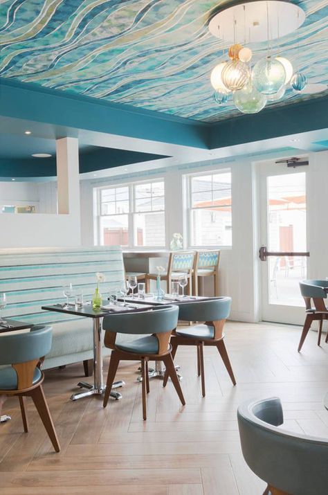 House of Turquoise: Chair 5 Beach Bistro and Bar | Digs Design Company Turquoise Chair, Beach Kitchen Decor, House Of Turquoise, Restaurant Chairs, Restaurant Interior Design, Living Room Flooring, Hotel Design, Living Room Grey, Restaurant Interior