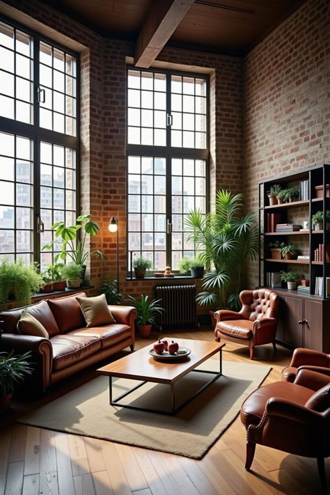 Modern loft with large windows and lush greenery. Loft home designs are where unparalleled open space meets creativity, and every corner has a potential flair for the dramatic. Living Room Brick Wall, Room Brick Wall, Loft Design Ideas, New York Style Apartment, Modern Lofts, Loft Home Design, Small Loft Apartments, Loft Apartment Industrial, Brick Wall Living Room