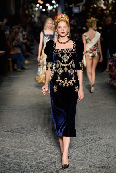 Dolce & Gabbana - Alta Moda Autumn/Winter 2016 Couture Collection | British Vogue Dolce And Gabbana Fashion, Gabbana Dress, Gold Embroidery, Fantasy Fashion, Couture Collection, Dolce & Gabbana, Blue Velvet, Velvet Dress, Blue Dress