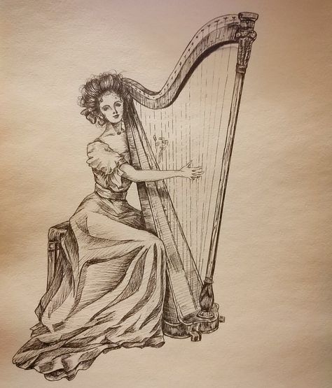 Orchestra Drawing Art, Harpist Aesthetic, Orchestra Drawing, Harp Drawing, Harp Illustration, Harp Aesthetic, Quilling Music, Harp Tattoo, Musical Instruments Art