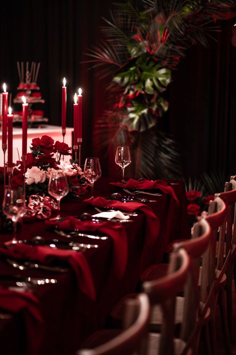 Red is the ultimate cure for sadness. All Red Table Setting, Dark Red Table Setting, Red And Black Gothic Party Decor, Dark Red Decoration, Black And Red Birthday Party Decorations, Black And Red Table Setting, Black And Red Party Theme, Red Party Aesthetic, Red Dinner Party