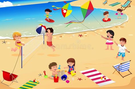 Kids on the beach. A vector illustration of happy kids having fun on the beach , #AD, #vector, #beach, #Kids, #illustration, #fun #ad Kids On The Beach, Kids Having Fun, Picture Comprehension, Beach Pictures Kids, Beach Cartoon, Beach Clipart, Picture Composition, Stall Shower, Stall Shower Curtain