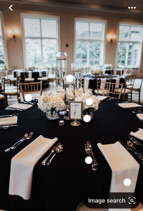 Wedding Tables With No Place Settings, Ballroom Wedding Inspiration, Black Themed Wedding Decoration, Tables Without Chargers Wedding Ideas, Black Tablecloth Decor Wedding, Wedding Black And White Table Settings, Minimal Black And White Wedding Table Decor, White Flower Wedding Table Decor, Wedding Table Settings Black Table Cloth